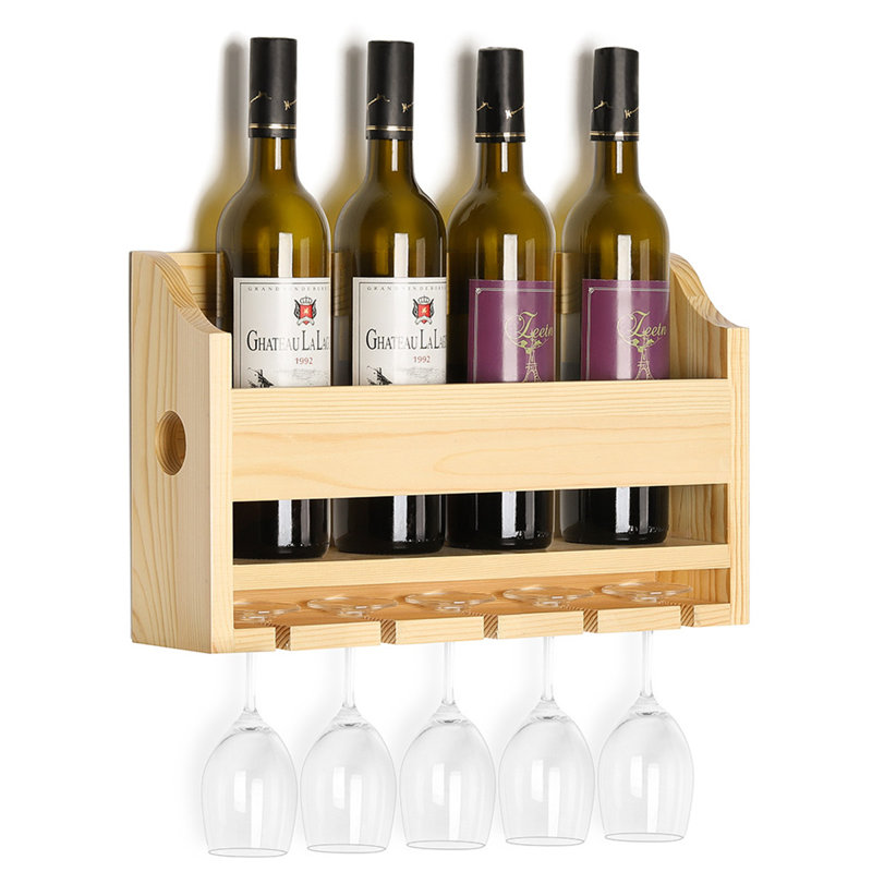 Support à vin et porte-bouteilles en bois massif pour 4 bouteilles, Naturel