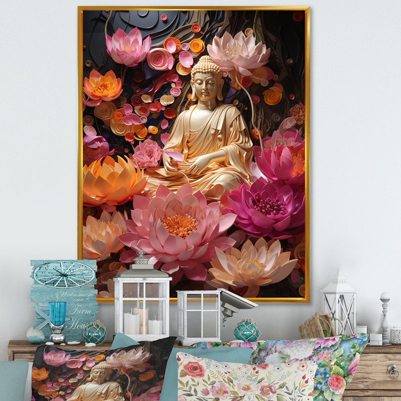Reproduction d'art sur toile encadrée, "Bouddha rose doré", L 16 po x H 32 po, Cadre flottant doré