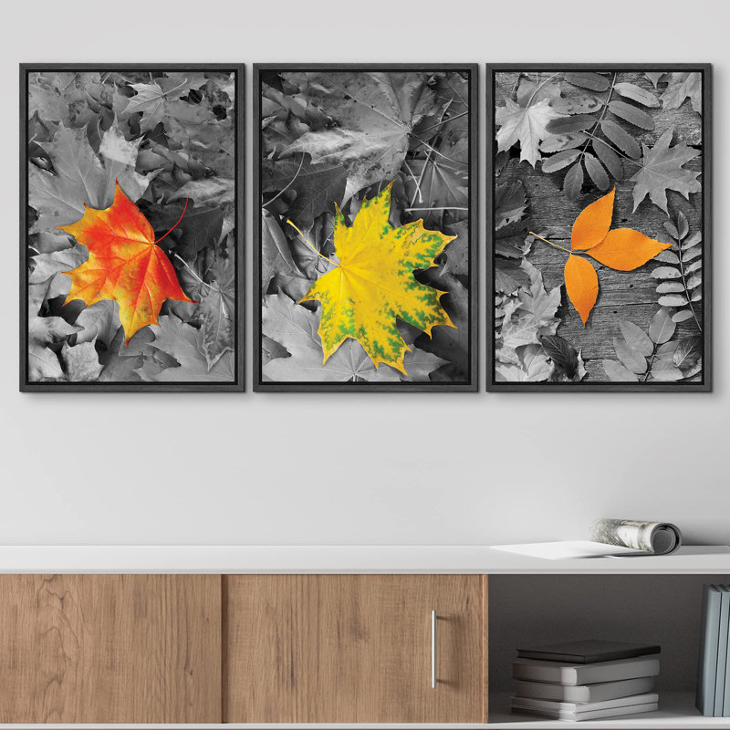 Autumn Yellow Orange Leaves Modern Wall Decor, 24" H x 48" W, Black Floater Framed