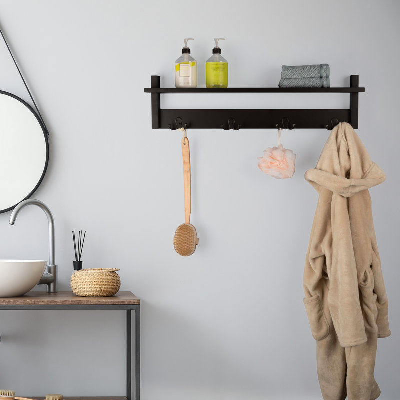 Coat Rack with Shelf - Wall Mount Shelf with 4 Hooks for Purses, Jackets and Keys - Coat Rack for Entryway, Mudroom, or Hallway by Lavish Home (Black)