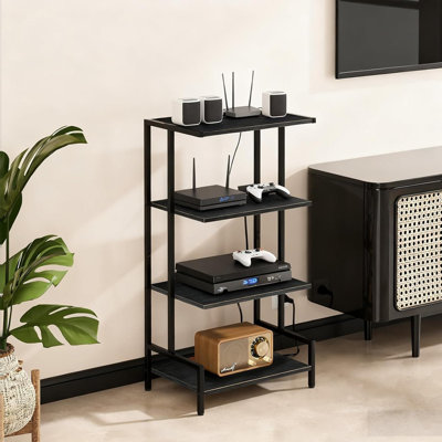4-Tier Media Stand With Power Outlet & Remote LED Lights, AV Cabinet With Open Shelves For Game Consoles, DVD Players, Audio Equipment And Space-Savin by Hokku Designs