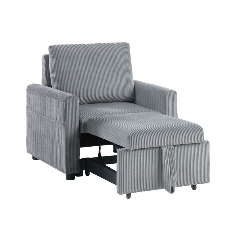 Landyn 32.5"W Gray Corduroy Armchair With Pull-Out Chaise And Side Pocket