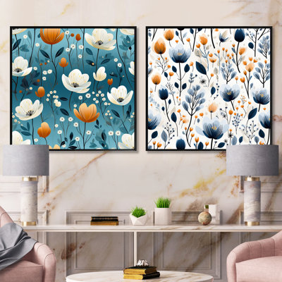 «Meadow», ensemble de 2 collages carrés botaniques abstraits à motif floral bleu et beige