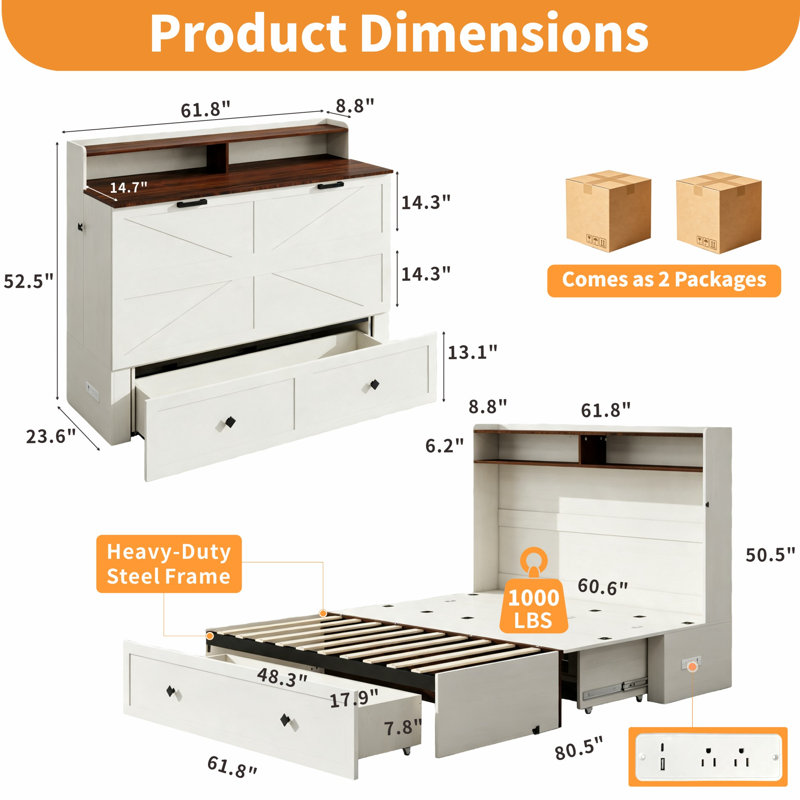 Lit escamotable Queen Size avec station de recharge et éclairage DEL RVB, tiroirs et étagères de rangement, matelas non inclus