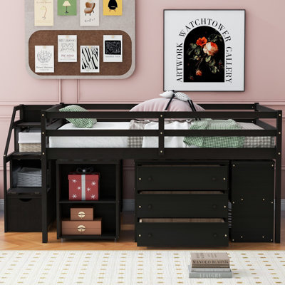 Jesska Low Loft Bed with Freestanding Desk, Storage Stairs, Dresser and Bookcase