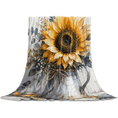 Sunflower Floral Throw Blanket for Couch, Farmhouse Vintage Flowers Wooden Soft Lightweight Flannel Fleece Blanket, Microfiber Plush All Season Decorative Blankets Gifts for Sofa Bed, 40 x 50 in