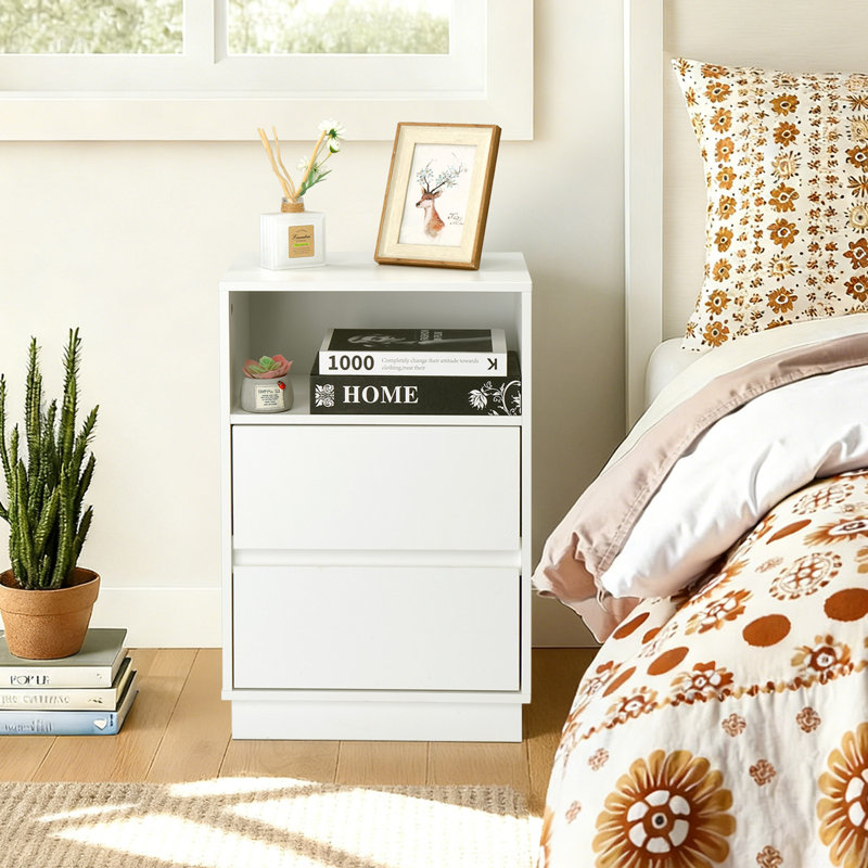 15.7" White Nightstand, P2 Particleboard, Matte Melamine, Beveled Drawer, 2 Drawers, White