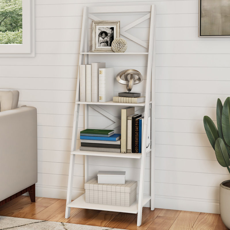 Lavish Home 20"L x 17"W x 56"H 4-Tier Leaning Ladder Bookshelf, White, White