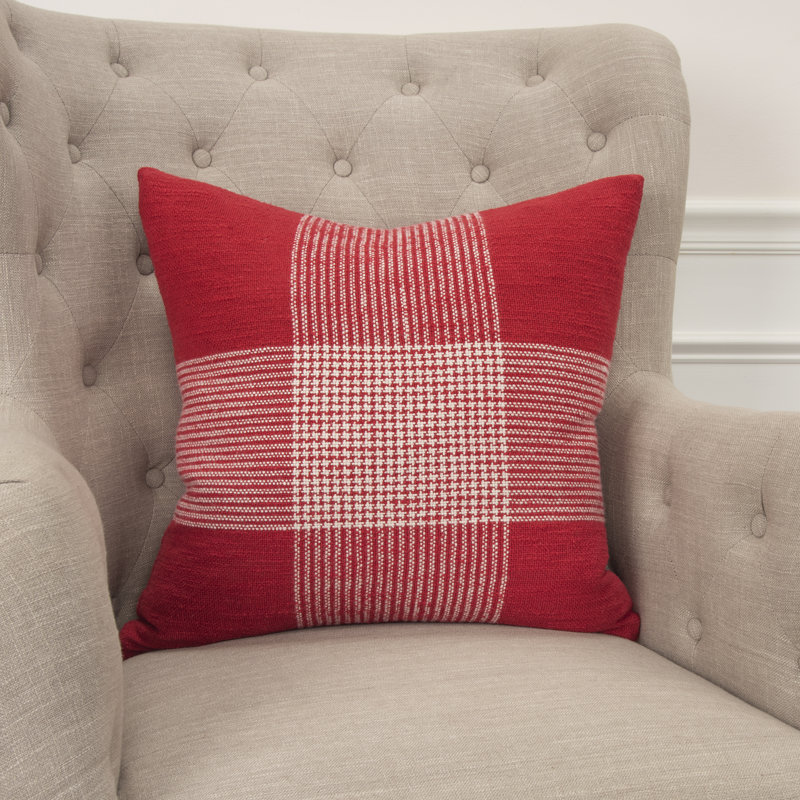 20" Red and White Woven Plaid Square Throw Pillow