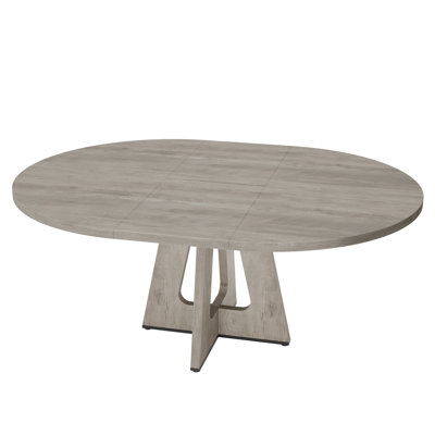 47"-63" Extendable Round Dining Table for 4-8 (Table Only) Gray | Oval Dinner Table with Wooden Cross Pedestal Base, Farmhouse Kitchen Circle Furniture for Dining Room, Living Room, Kitchen