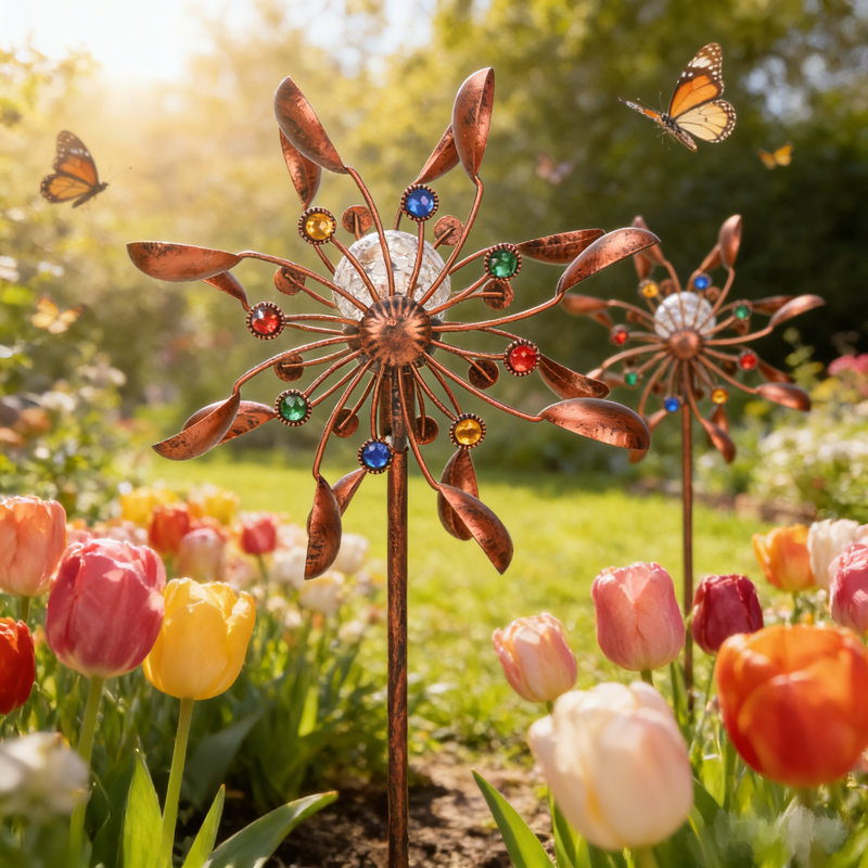 74'' Metal Kinetic Tulip Windmill, Weather Resistant Flower Wind Spinner With Solar LED Light