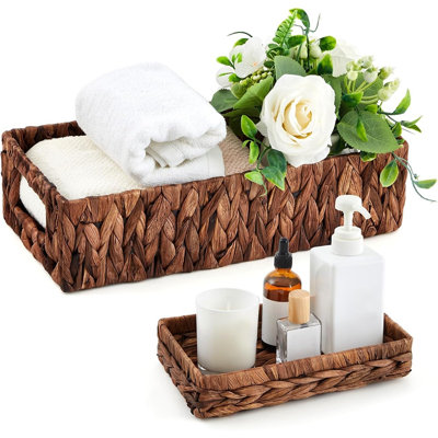 Ensemble de 2 paniers de papier hygiénique, paniers de rangement en jacinthe d'eau en osier avec poignées intégrées, plateau de rangement pour salle de bain, maison et spa