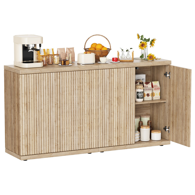 61.8'' W Sideboard Buffet Cabinet With Fluted Doors And Adjustable Shelves (Set of 2), Natural Oak