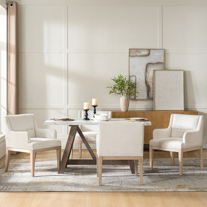Noble 32.5" Tall Solid Wood Legs Upholstered Dining Chair Set with Gently Curved Arms, Ivory
