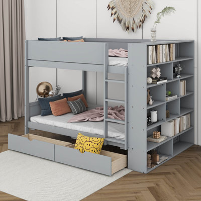 Lit superposé double au-dessus de double avec bibliothèque, cadre de lit superposé en bois avec 2 tiroirs et étagères de rangement à plusieurs niveaux pour enfants et adolescents