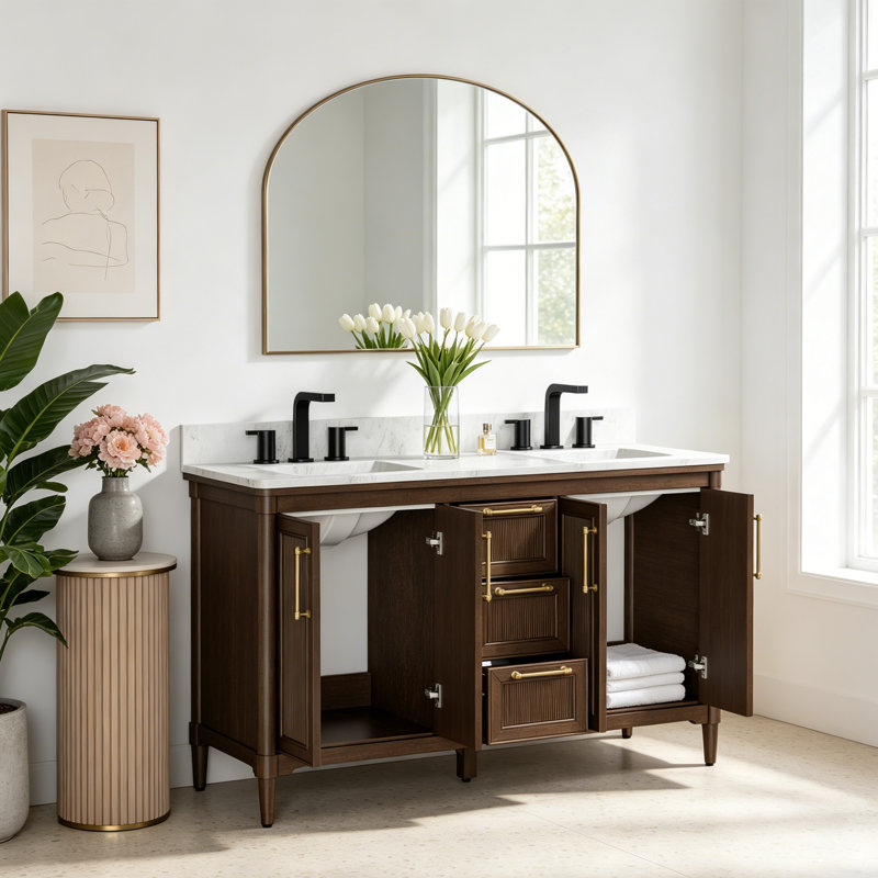 Meuble-lavabo autoportant 60 po avec lavabo blanc Carrara 60 po, texture cannelée, entièrement assemblé, Brun