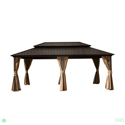 Hardtop Gazebo, Aluminum Metal Gazebo With Galvanized Steel Double Roof Canopy, Curtain And Netting, Permanent Gazebo Pavilion For Patio, Backyard, Deck