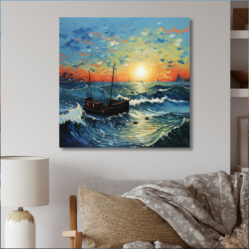Vangogh, paysage marin avec pêche IV, encadré sur toile par Vincent Van Gogh, peinture, H 36 po x l 36 po