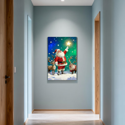 Père Noël de Noël pointant vers l'étoile avec des rennes