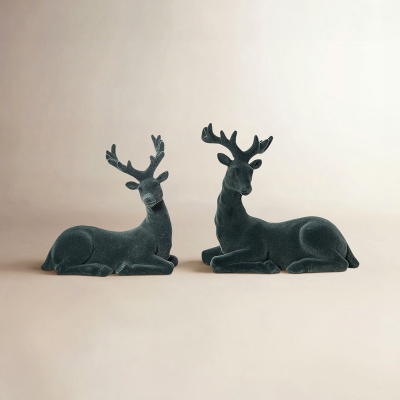  Resin 6.25 in. Green Christmas Flocked Sitting Reindeer Figurine Set of 2