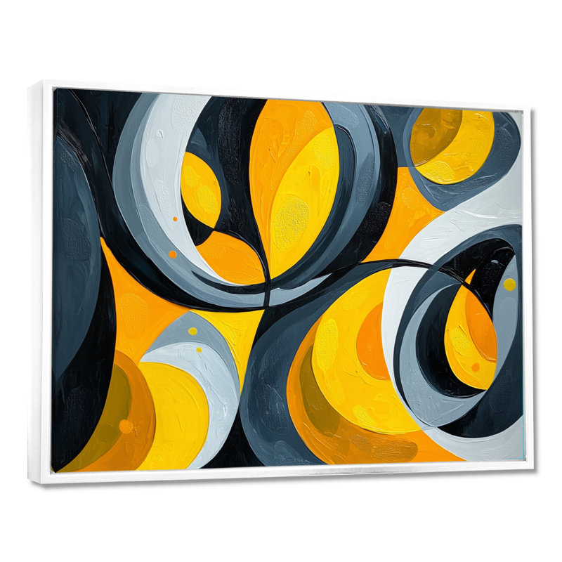 Jaune et gris Urban Jazz Note I - Art abstrait de natures mortes abstraites pour le salon, H 24 po x l 32 po, Cadre flottant