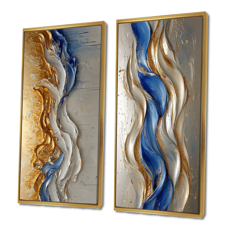Encre dorée rythmique «Fusion I» - art mural abstrait 2 pièces, 28" H x 25" W, Cadre flottant doré
