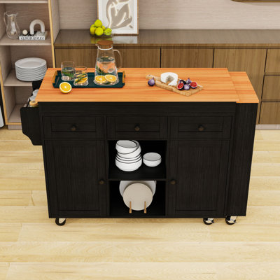 Rolling Kitchen Cart with Extendable Dining Table, Power Outlet, Adjustable Shelves and 3 Drawers
