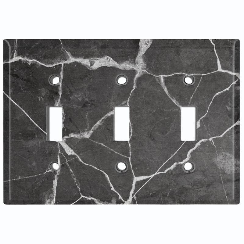 Marble Black Print 5 Patterned 3 - Gang Toggle Light Switch Standard Wall Plate, Navy