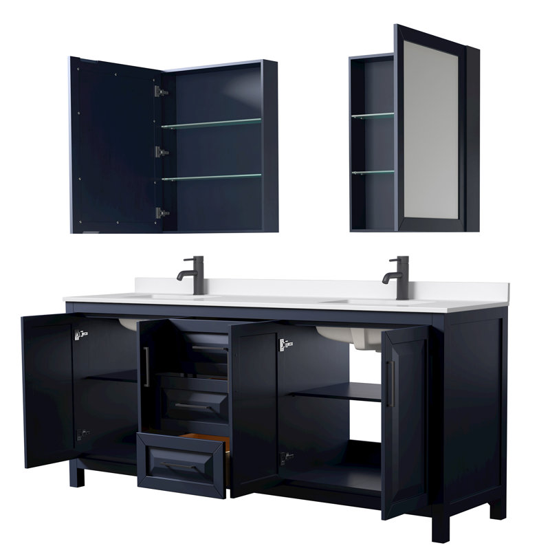 Daria 80 in. with Mirror Vanity, White Quartz, Blue, Matte Black