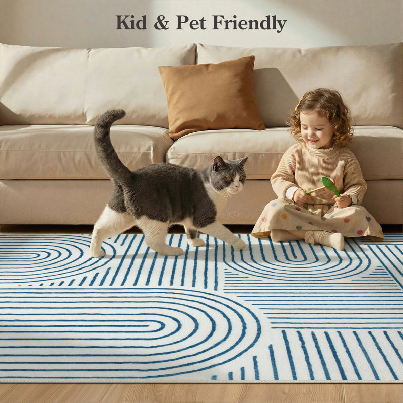 Celeta Washable Abstract Japandi Rainbow Striped Blue Area Rug - Colorful Modern Carpet for Living Room, Bedroom, or Office Decor