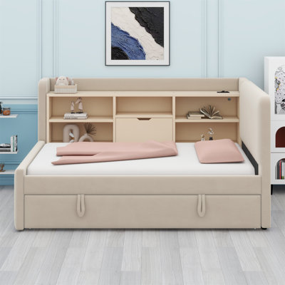 Upholstered Daybed With Trundle, Storage Shelves, USB & Outlet by Latitude Run