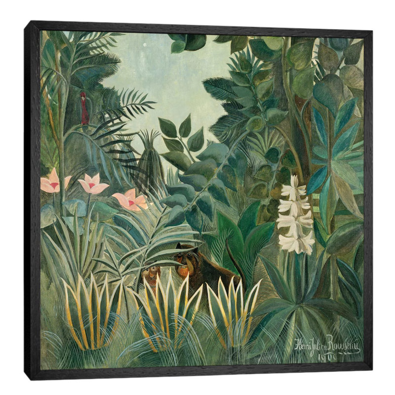 The Equatorial Jungle, 1909 by Henri Rousseau - Floater Frame Painting on Canvas, 93.98 cm H x 93.98 cm W, Black Framed