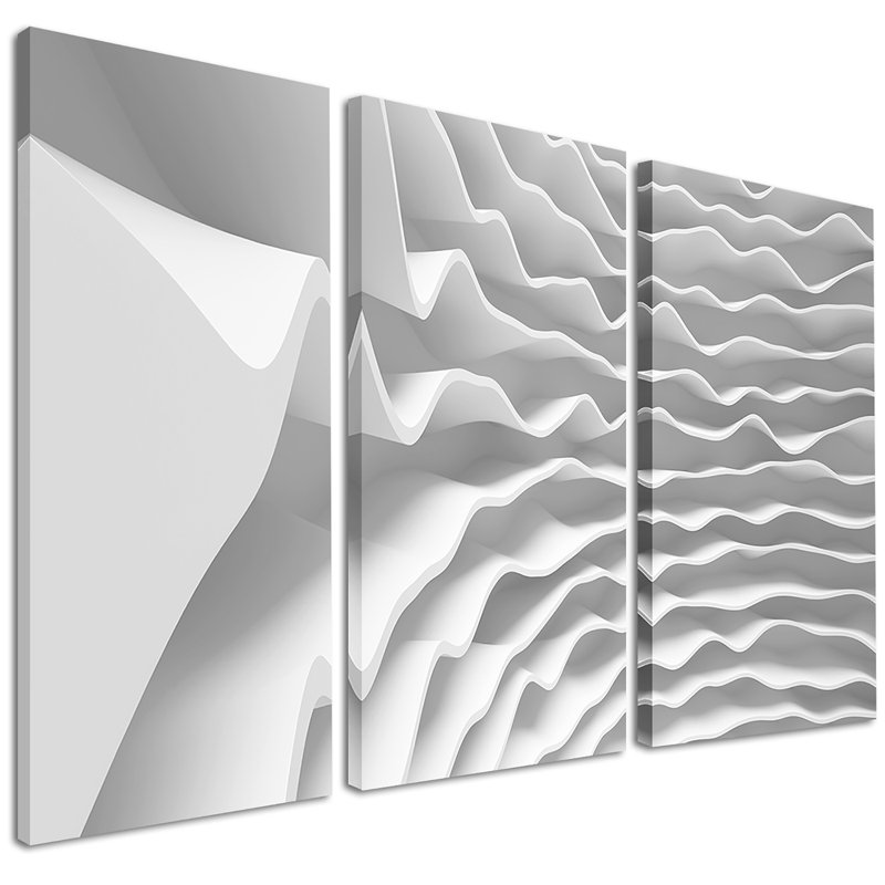 Vagues 3d à blanc incurvé-impression sur toile tendue, ensemble de 3 impressions sur toiles tendues