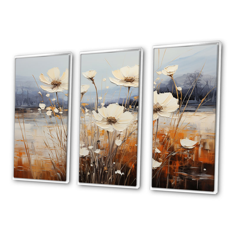 Champ captivant de fleurs - ensemble d'art mural floral, H 28 po x l 36 po x P 1 po, Cadre flottant blanc