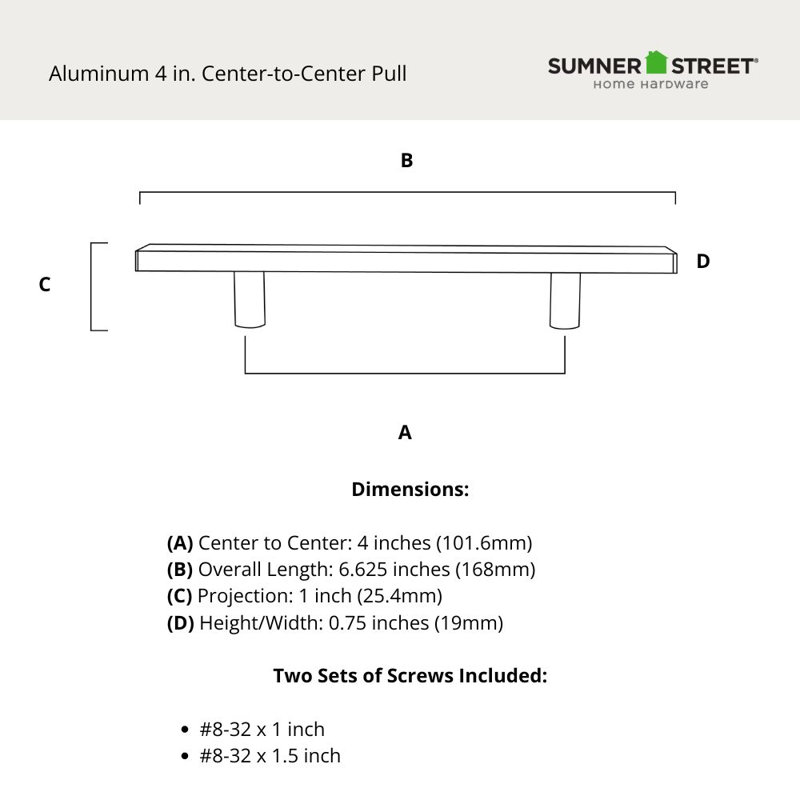 Aluminum 4" Center to Center Bar Pull, 4"