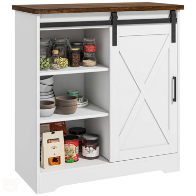 Farmhouse Coffee Bar Cabinet, Buffet Sideboard with Sliding Barn Door and Adjustable Shelf, Kitchen Buffet Cabinet
