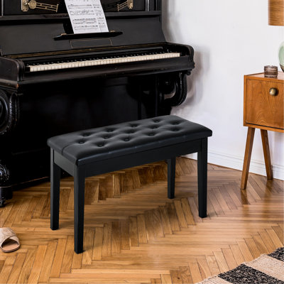Black Keyboard Bench With Faux Leather Padding And Wooden Construction Piano Cover Strong Frame - For Duets