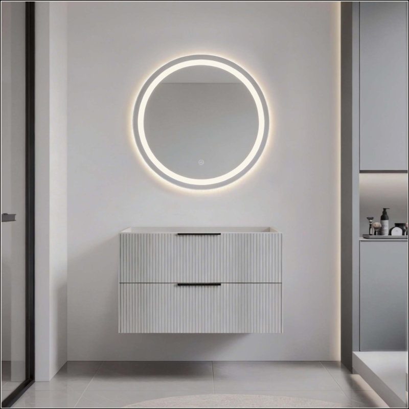 Bathroom Vanity Cabinet With Ceramic Sink - Wall Mounted Floating Fluted Vanity With Drawers, Modern, Grey, 36"