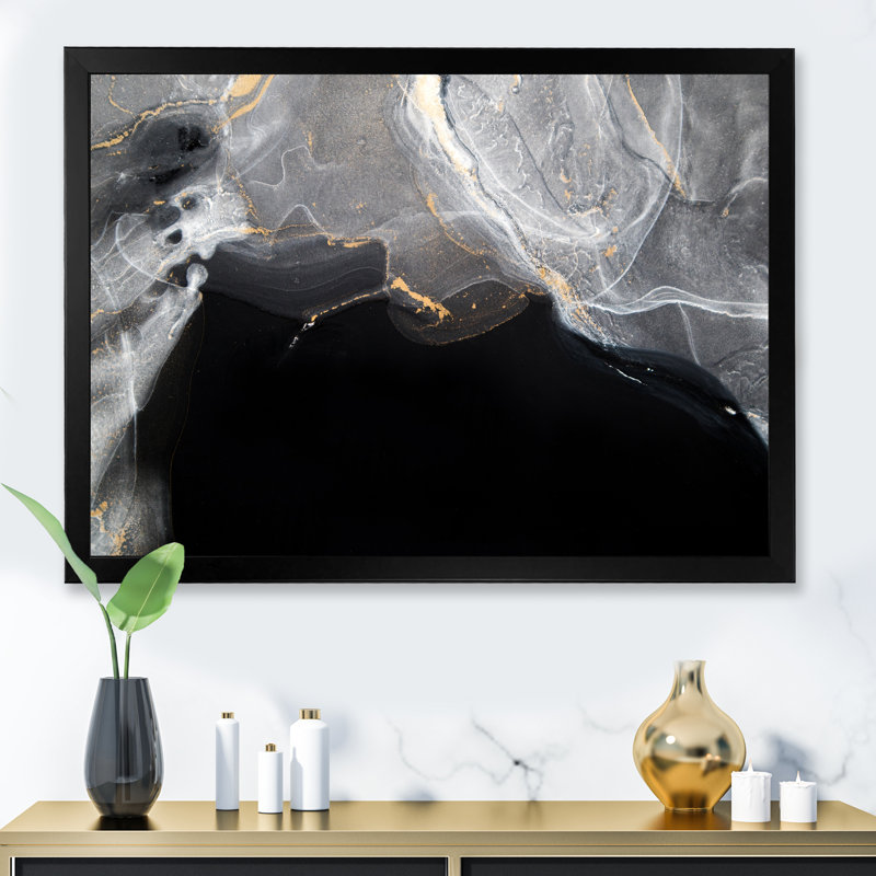 Marbre noir et gris Gloden, ondulations d'art II - œuvre d'art moderne sur toile, H 30 po x l 40 po x P 1,5 po