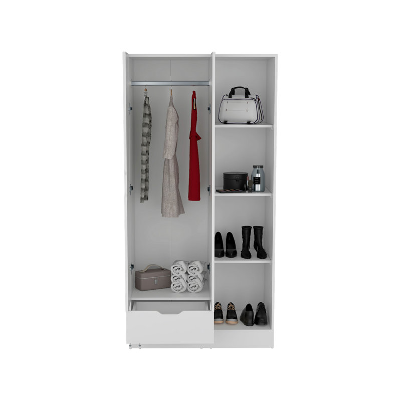 Armoire penderie Memphis avec 4 tablettes de rangement et 1 tiroir, Blanc