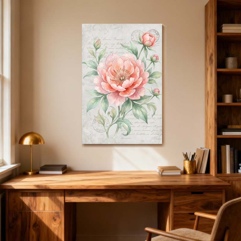 Plantes et fleurs, pivoine rose, motif floral rétro