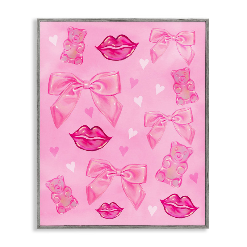 «Lips Bows & Bears» sur giclée rose encadrée, design par Ziwei Li, H 30 po x l 24 po, Estampe numérique Farmhouse