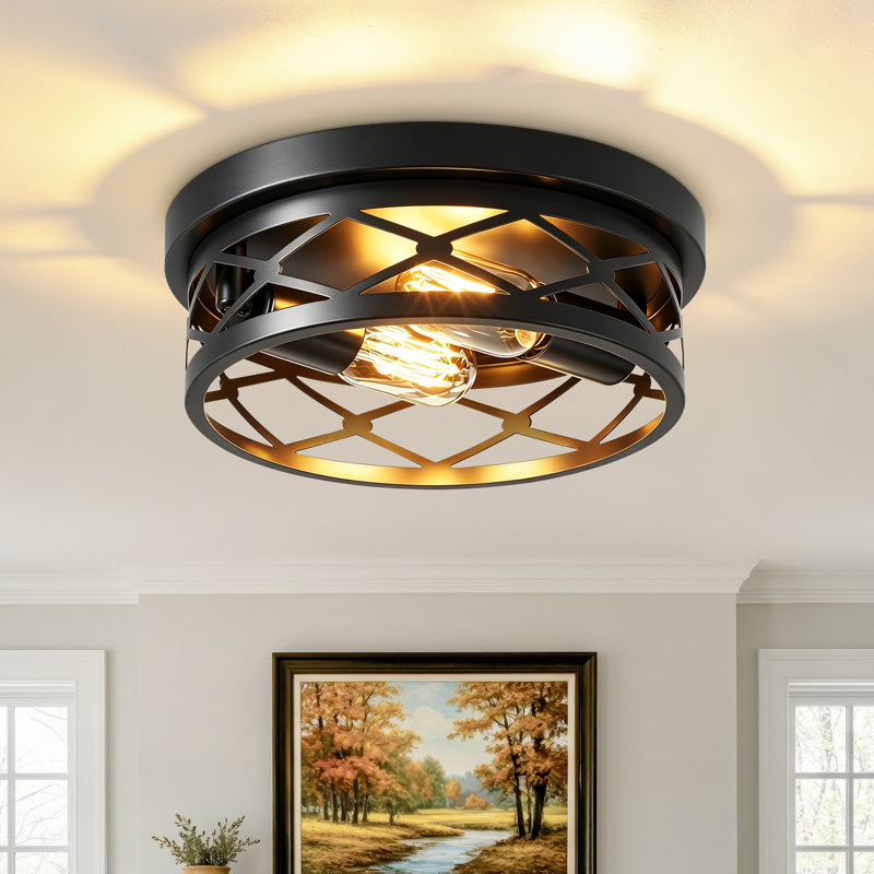 1-Pack Industrial Squre Black Metal 2-Light Flush Mount Ceiling Light (Bulb Not Include)