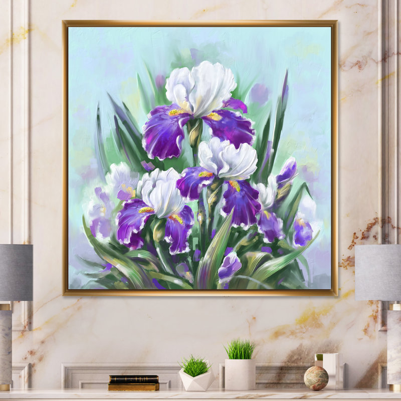 Fleurs et iris mauves en fleurs, H 30 po x l 30 po x P 1 po, Toile avec cadre flottant or