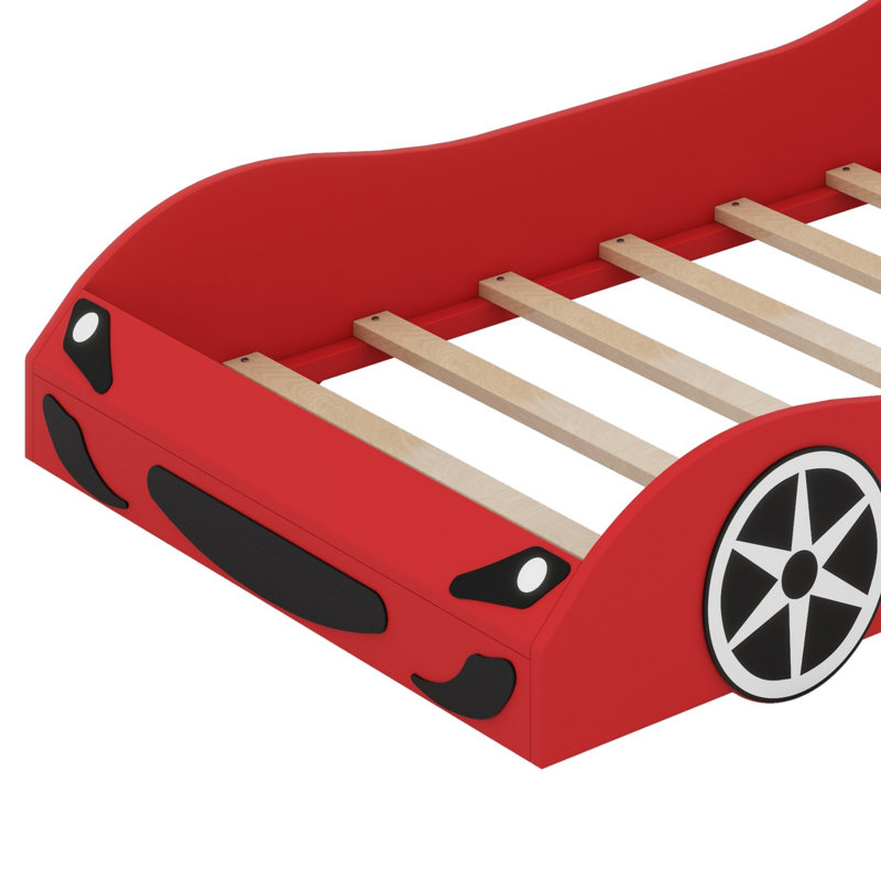 Wood Race Car-Shaped Platform Bed With LED And Upholstered Backrest