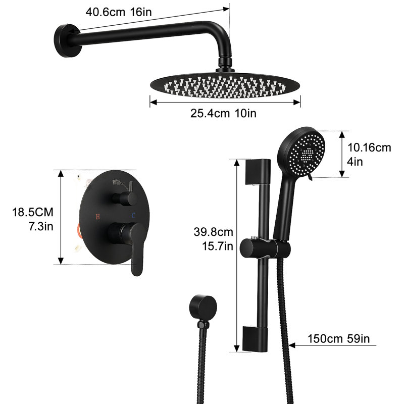 Système de douche mural noir mat de 10 pouces avec douchette à main, barre coulissante et têtes rondes pour robinet de douche à pluie