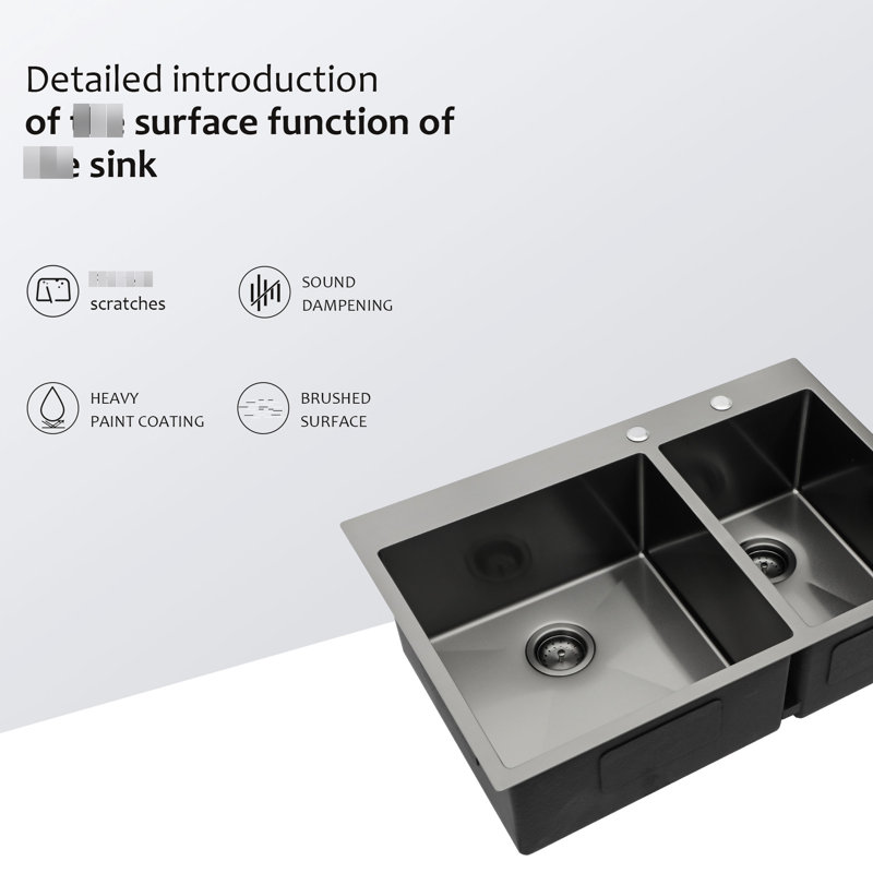 Gunmetal Black 33" Double Bowl Drop In Kitchen Sink 16 Gauge 60/40 Split, 10" Deep, Hand - Made With Rear 3.5 Drain, X Grooves, 3Mm Sound Proof Lining, Treatment, Package Accessories 33"X22" Ratio,