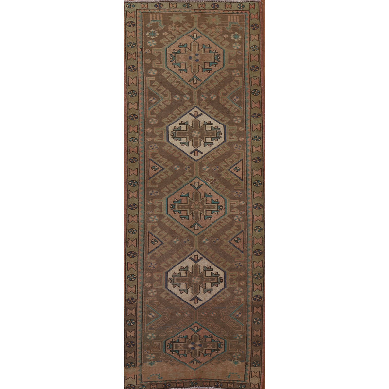 Tapis de couloir brun en laine noué à la main de conception unique 1960S 3 pi 4 po x 10 pi 0 po Shavada