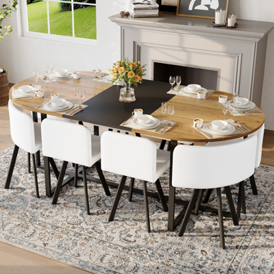 Ensemble de table de salle à manger 9 pièces ovale, plateau de table fixe à deux tons grain de bois et triamine de grain de bois noir avec 8 chaises en cuir de polyuréthane blanc, ensemble de table de cuisine moderne pour 8 personnes, idéal pour les réunions de famille