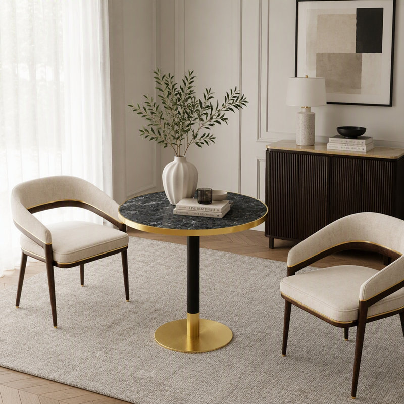 Table de salle à manger ronde de 31,5 po avec plateau en pierre frittée et base en acier inoxydable, Black Gold&Blue